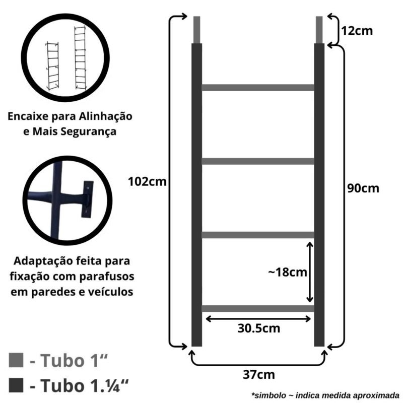 Escada Tipo Marinheiro 90cm Estilo Industrial com Encaixe e Adaptação p/ Fixar na Parede