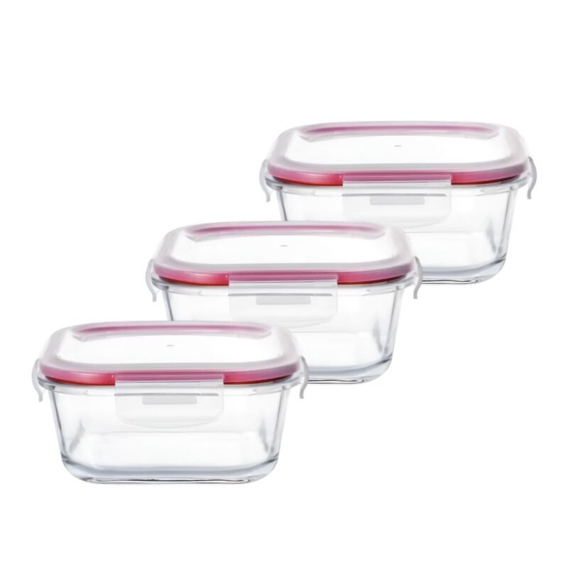 Kit 3 Potes Hermético Vidro 320ml Quadrado Tampa C/ Trava