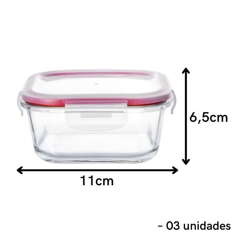 Kit 3 Potes Hermético Vidro 320ml Quadrado Tampa C/ Trava