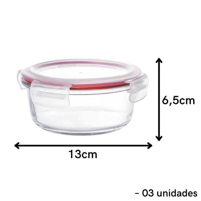 Kit 3 Potes Hermético Vidro 400ml Redondo Tampa C/ Trava