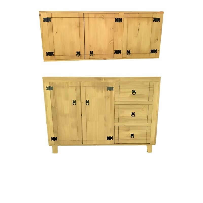 Conjunto Cozinha Colonial Balcão de Pia Armário Aéreo Estilo Rústico 120cm Madeira Maciça