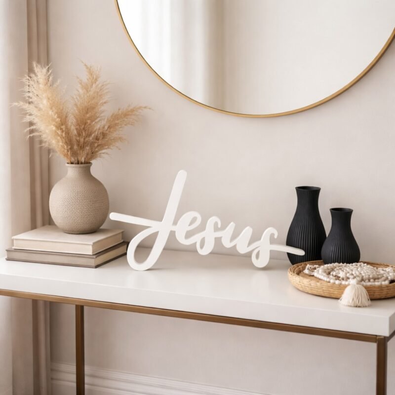 Decoração Escrita Palavra Jesus +2 Vasos Modernos Minimalista Mesa Igreja