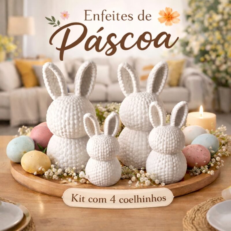 Conjunto 4un Enfeite Páscoa Decoração Coelho Minimalista Cor Branco