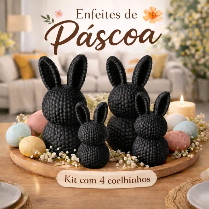 Conjunto 4un Enfeite Páscoa Decoração Coelho Minimalista Cor Preto