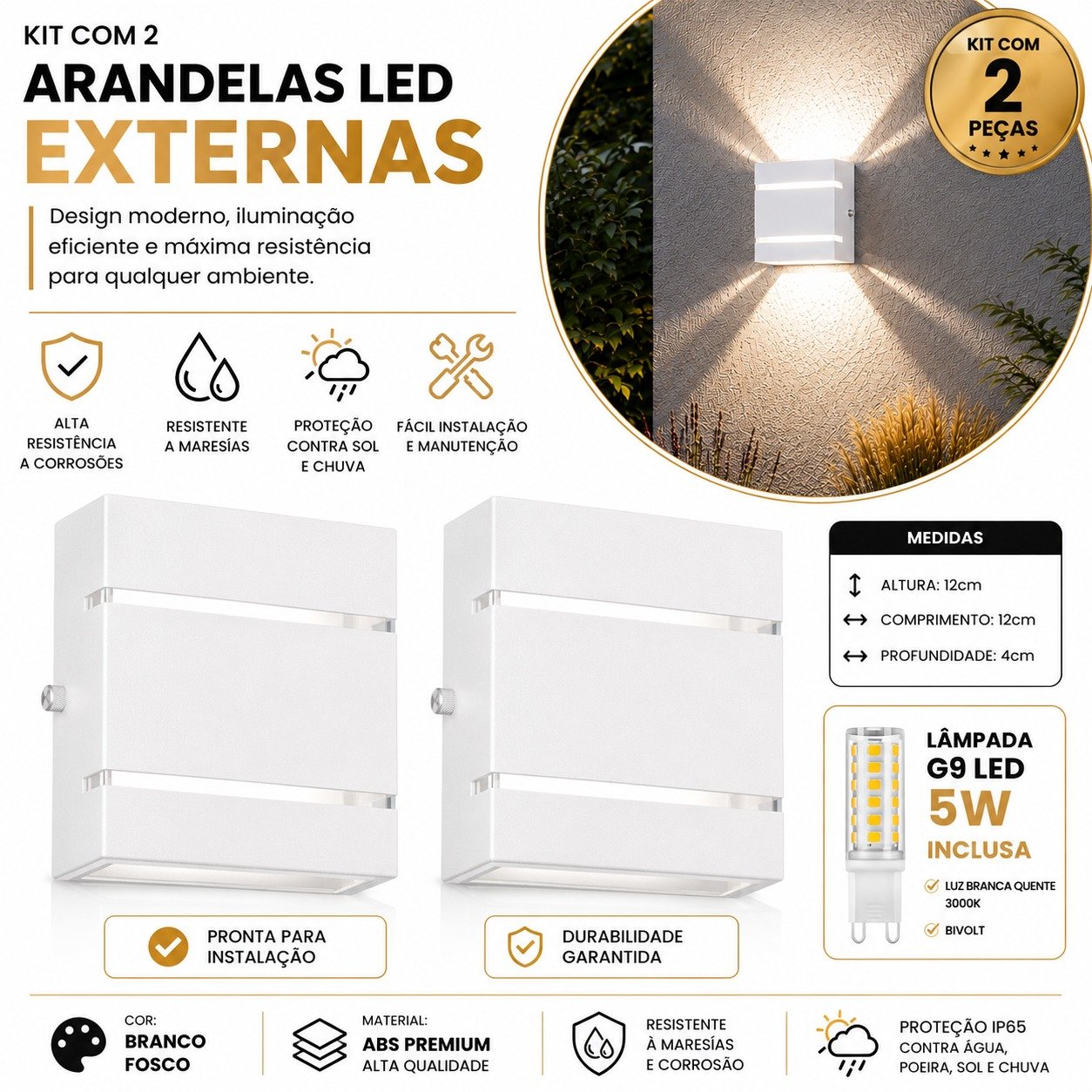 Kit 2 Arandelas LED Parede Externa G9 5W ABS Anti Corrosão