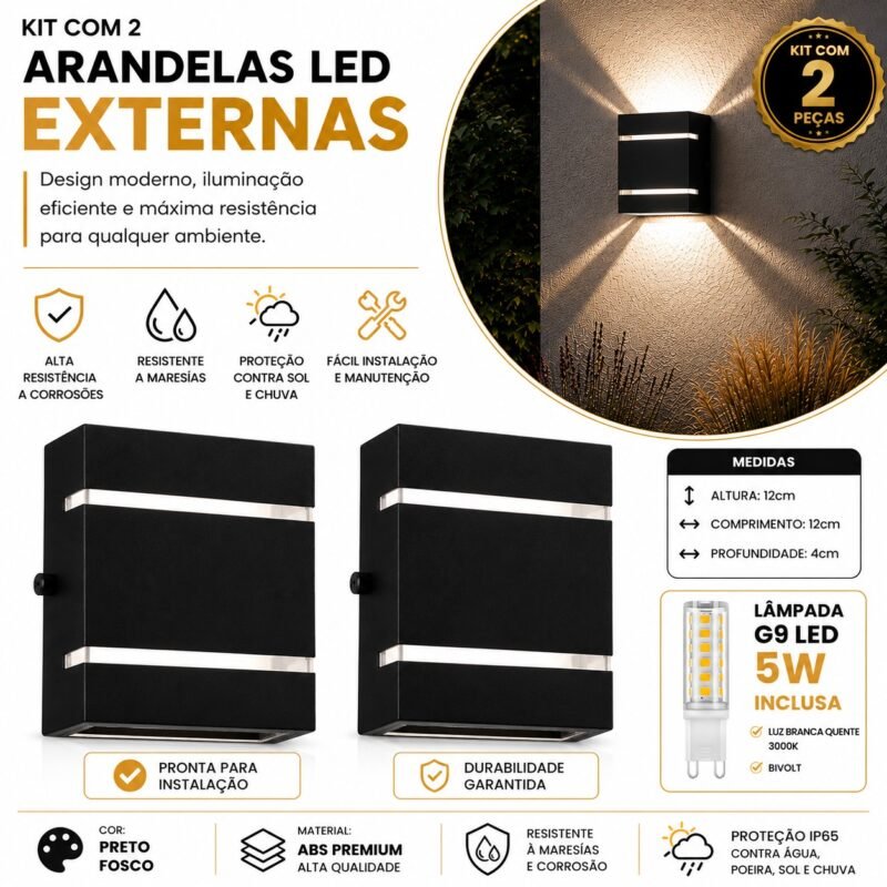 Kit 2 Arandelas LED Parede Externa G9 5W ABS Anti Corrosão - Preto