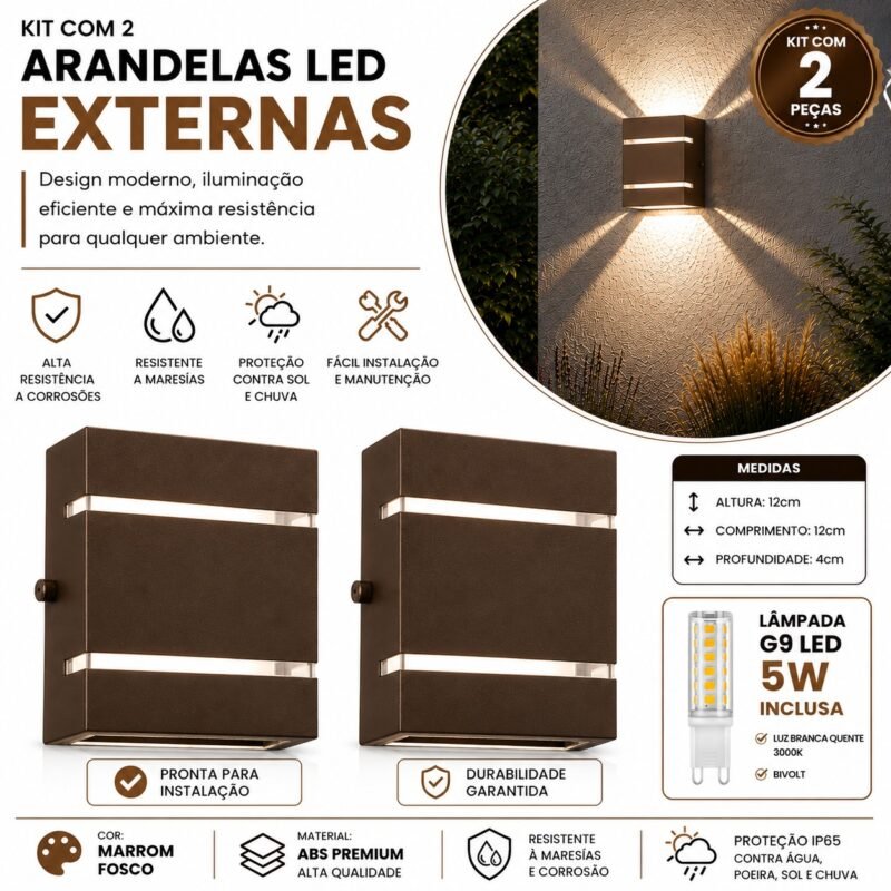 Kit 2 Arandelas LED Parede Externa G9 5W ABS Anti Corrosão - Marrom