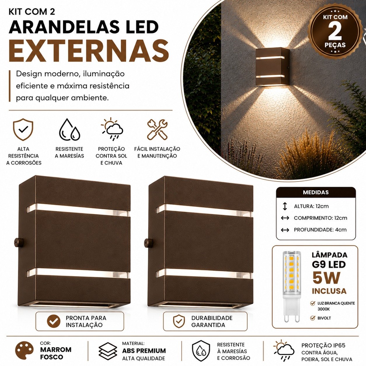 Kit 2 Arandelas LED Parede Externa G9 5W ABS Anti Corrosão