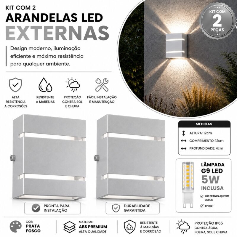 Kit 2 Arandelas LED Parede Externa G9 5W ABS Anti Corrosão - Prata