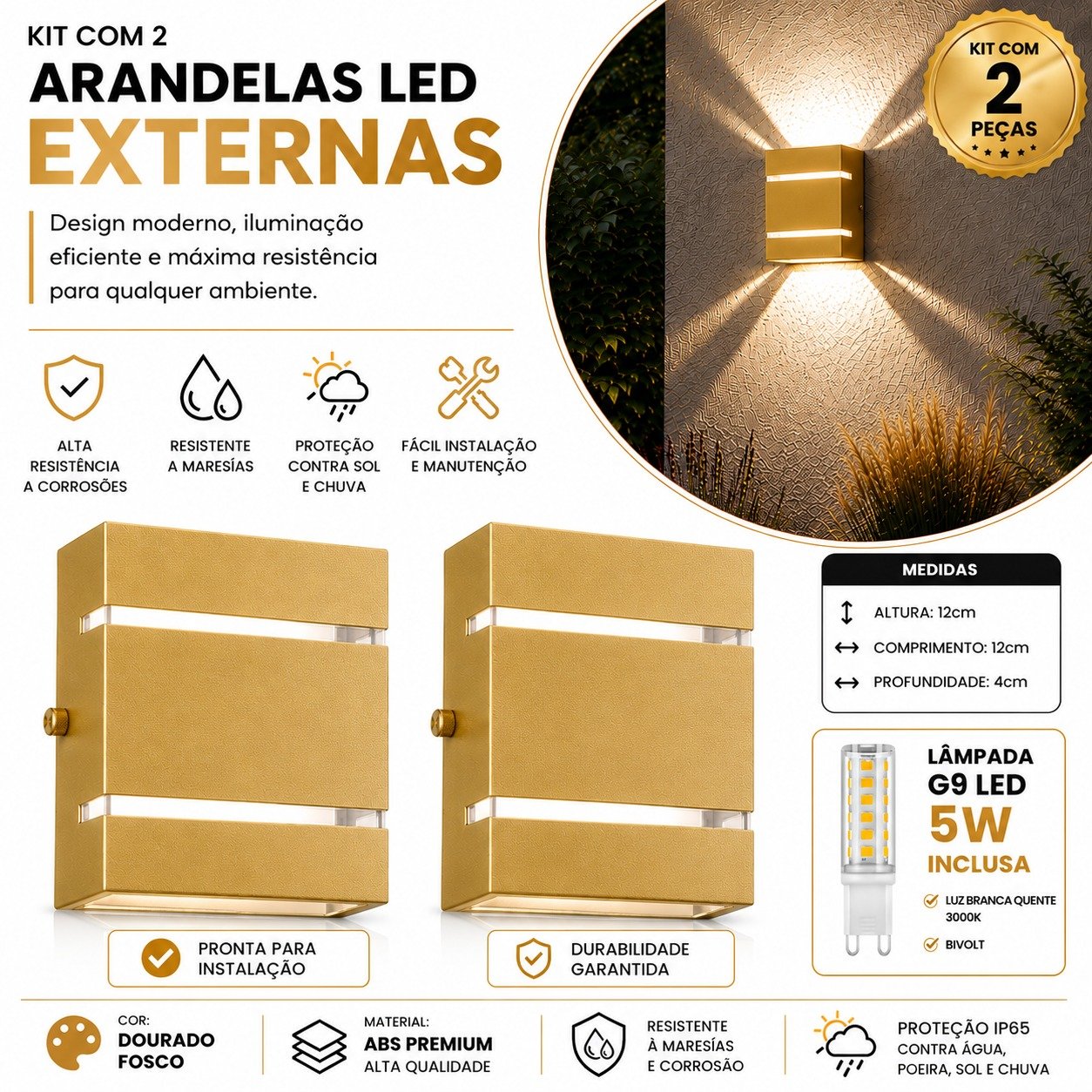 Kit 2 Arandelas LED Parede Externa G9 5W ABS Anti Corrosão